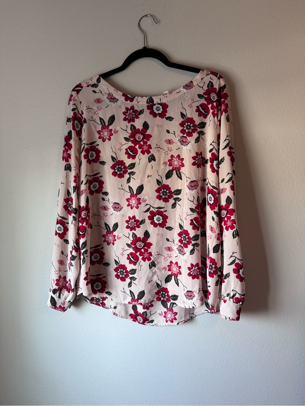 Loft Floral Crewneck Long-Sleeve Blouse - Pink and Red